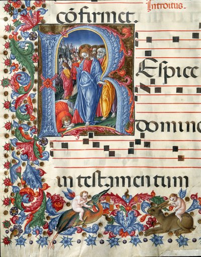 Decoração da Lettrina de Cristo e Leproso Miniatura de Girolamo da Cremona (activa por volta de 1451-1483) e Liberale da Verona (1445-1529) de um coro (Cod. 19/4. c.26.) da Catedral de Siena. Catedral do século XV (Duomo) de Siena, Itália de Girolamo da Cremona