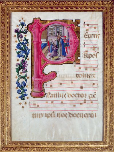 Historiated inicial &39;P&39; representando o batismo de Constantino (c.274-337) de um antiphonaire lombardo de Girolamo da Cremona