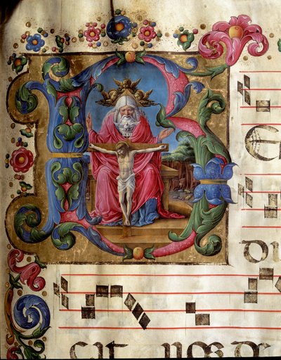 Lettrine B decoree representando a Santíssima Trindade (Trono da Graça) Deus, Jesus Cristo e a pomba do Espírito Santo (Espírito Santo). Miniatura de Girolamo da Cremona (ativa por volta de 1451-1483) de um coro (Cod. 10/L. c.81v) da catedral de Siena. 15t de Girolamo da Cremona