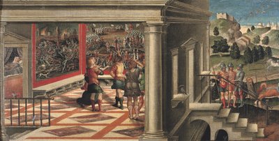 Cenas de Orlando Furioso (detalhe) (óleo sobre tela colocado sobre painel) de Girolamo da Santacroce