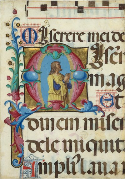 Iluminação do manuscrito com Davi em Oração em um M inicial, de um Saltério, 1501-2. de Girolamo dai Libri