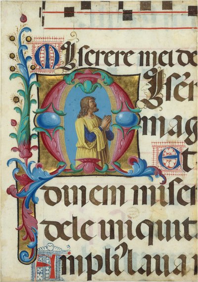 Iluminação Manuscrito com David em Oração em um M inicial, de um Saltério, italiano, 1501-2. de Girolamo dai Libri