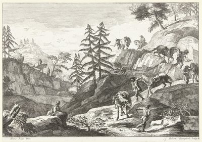 Paisagem de montanha com cavaleiros conduzindo cavalos a descer a encosta no caminho
Paisagens italianas (título da série) de Giuliano Giampiccoli
