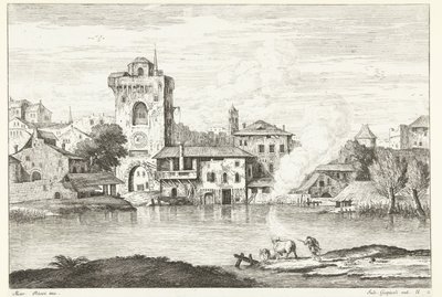 Vista da cidade com uma torre na água Paisagens italianas (título da série) de Giuliano Giampiccoli
