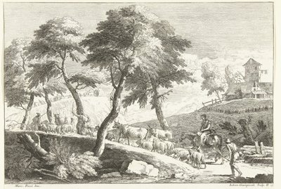 Paisagem montanhosa com pastores e gado Paisagens italianas (título da série) de Giuliano Giampiccoli