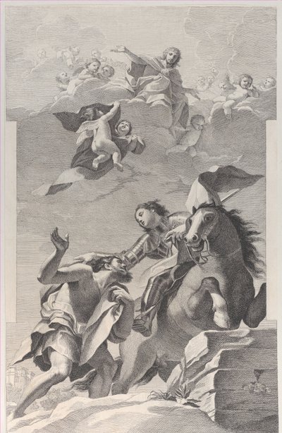 São Martinho, a cavalo, entregando seu manto a um mendigo..., 1760-1800. de Giuliano Traballesi