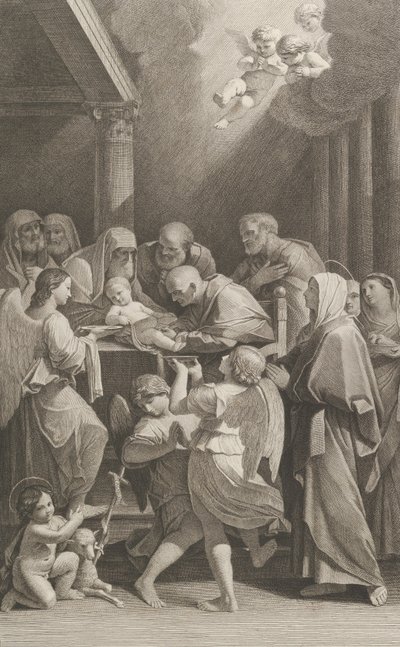 A circuncisão de Cristo, um grupo de homens, mulheres e anjos que o cercam, o..., ca. 1760-1800. de Giuliano Traballesi