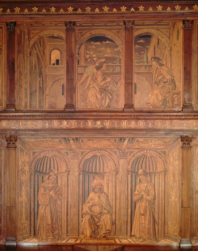 Armários pós-restauração na Sacristia do Norte (Sacrestia delle Messe) representando a Anunciação e um Bispo Enthroned (madeira incrustada) (ver 143298) de Giuliano da Maiano