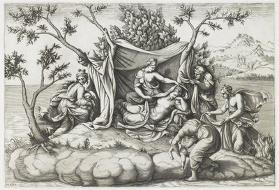 Latona dando à luz a Apolo e Diana, gravada por Diana Mantovana (n.1535), após 1575 (gravura) de Giulio (after) Romano