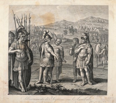 Encontro entre Aníbal e Cipião durante as Guerras Púnicas (gravura) de Giulio (after) Romano