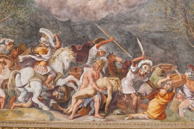 Ajax protegendo o cadáver de Patroclus durante a batalha de Tróia, O Cavalo de Tróia, Câmara de Tróia (Sala di Troia) de Giulio (and workshop) Romano