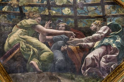 Detalhe da abóbada com mulheres jovens e uvas, Câmara de Cupido e Psique (Sala di Amore e Psiche) de Giulio (and workshop) Romano
