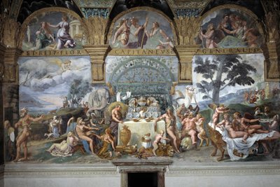 O nobre banquete que celebra o casamento de Cupido e Psique, parede sul da Sala de Cupido e Psique, c.1527-31 (fresco) de Giulio (and workshop) Romano