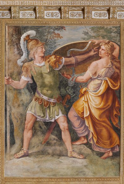 Thetis dando a Aquiles as armas forjadas por Hefesto (Vulcano), O Cavalo de Tróia, Câmara de Tróia (Sala di Troia) de Giulio (and workshop) Romano