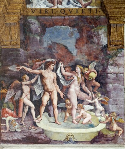 Sala de Psiche, parede norte: Vênus e Marte banhando-se; Eros e alguns cupidos assistem ao banho da deusa (fresco) de Giulio (workshop of) Romano