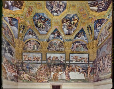 Sala de Psiche: vista da muralha ocidental, com o banquete rústico (fresco) de Giulio (workshop of) Romano