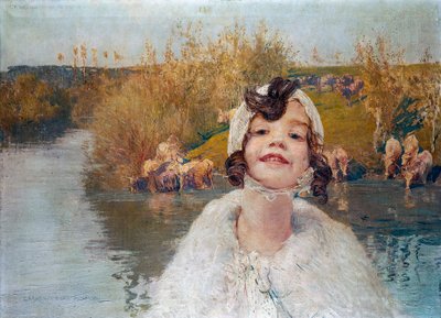 Retrato de uma menina com o campo em fundo de Giulio Aristide Sartorio