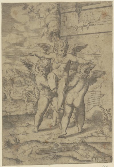 Amor e três putti de Giulio Bonasone (attributed to)
