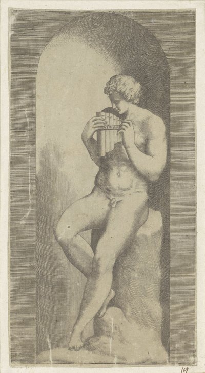 Homem nu com flauta de pan em um nicho de Giulio Bonasone (possibly)