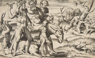 Um Silenus bêbado montado em um jumento sendo apoiado por sátiros, 1531-76. de Giulio Bonasone