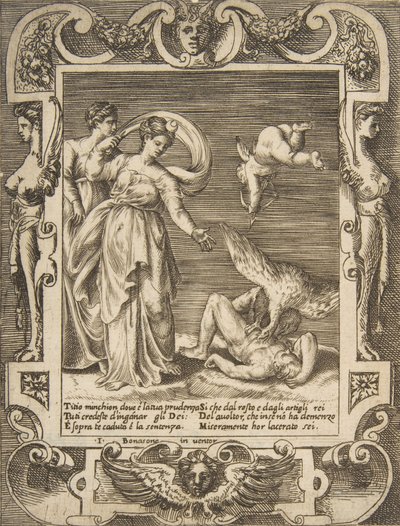 Um abutre comendo as entranhas de Tício, Cupido acima de duas mulheres à esquerda, dentro de um..., 1531-76. de Giulio Bonasone