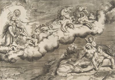 Uma alegoria do sol nascente, um homem nu vestindo uma mortalha e acompanhado do Pai Tempo..., 1531-76. de Giulio Bonasone