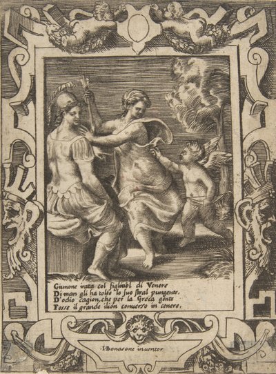 Atena sentada perto de Juno que tirou as flechas de Cupido, colocadas dentro de uma moldura elaborada..., 1531-76. de Giulio Bonasone