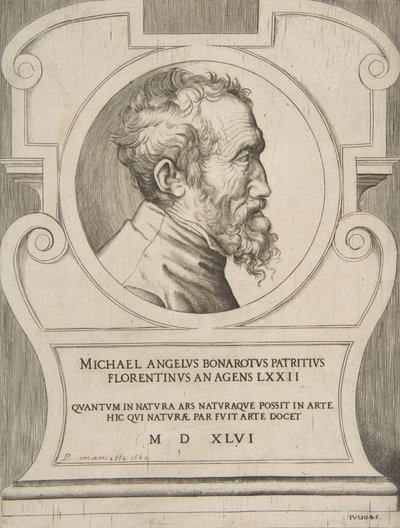Busto de Michelangelo virado para a direita, dentro de uma cartela., 1546. de Giulio Bonasone