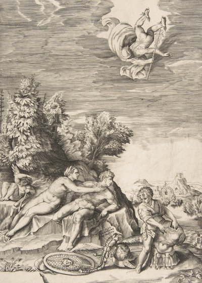 Calipso tentando deter Ulisses quando criança prepara sua armadura à direita e Mercúrio fa..., 1531-76. de Giulio Bonasone