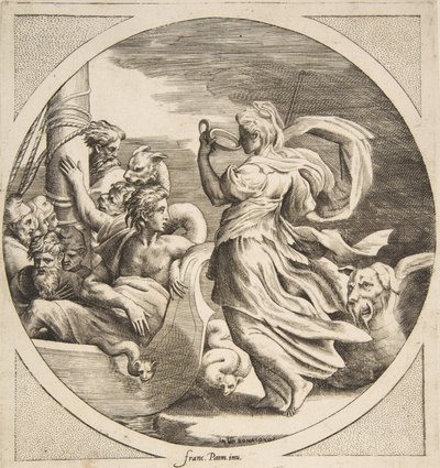 Circe bebendo de um copo com os companheiros de Ulisses em um barco à esquerda, uma circular..., 1531-76. de Giulio Bonasone