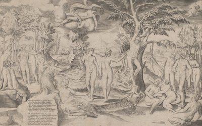 Cupido nos Campos Elísios amarrado a uma árvore no centro, cercado por muitas figuras, 1563., 1563. de Giulio Bonasone