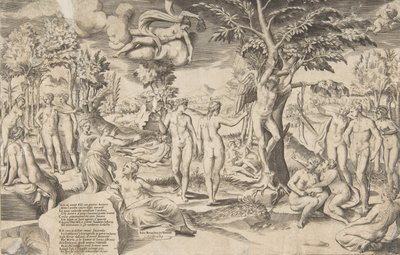 Cupido nos Campos Elísios amarrado a uma árvore no centro, cercava minhas muitas figuras, 1563. de Giulio Bonasone