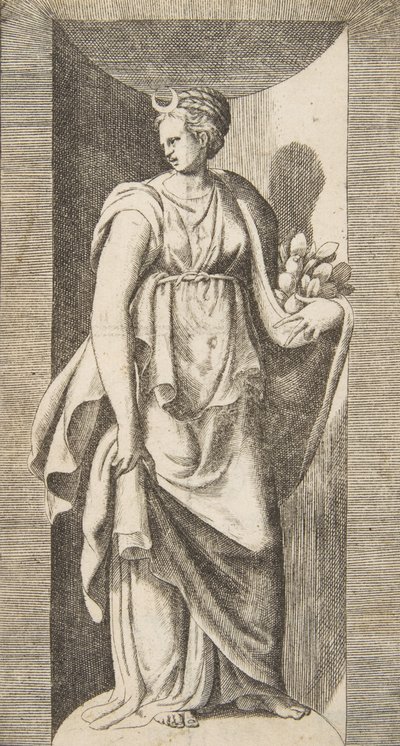 Diana segurando frutas na mão esquerda dentro de um nicho, ca. 1531-76. de Giulio Bonasone
