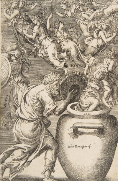 Epimeteu abrindo a caixa de Pandora, 1531-76. de Giulio Bonasone