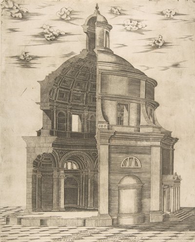 Seção exterior e interior de um templo em Roma dedicado a Netuno, 1541. de Giulio Bonasone