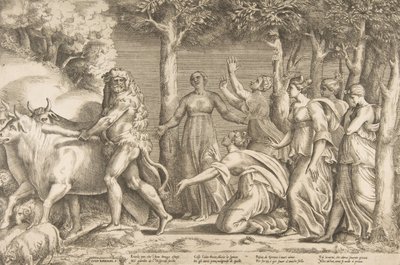 Hércules expulsando o gado de Geryon, à direita estão as ninfas de Hespérides, ..., 1531-76. de Giulio Bonasone