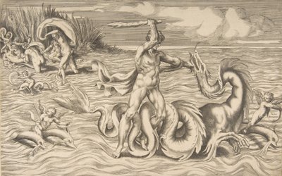 Hércules luta contra um dragão no centro, Achelous carregando Deianeira no canto superior esquerdo, 1531-76. de Giulio Bonasone