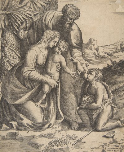 Sagrada Família com São João Batista que se ajoelha à direita, 1531-76. de Giulio Bonasone