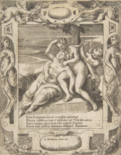 Ixion abraçando uma nuvem, pensando que é Juno, Cupido à direita, situado dentro de uma elaborada..., 1531-76. de Giulio Bonasone