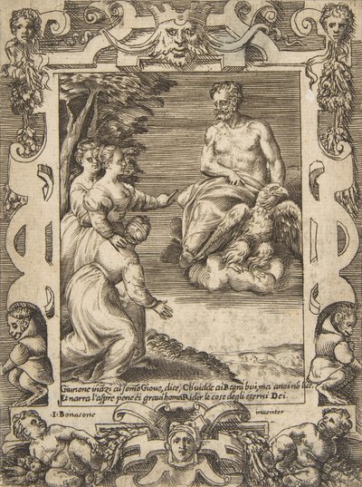 Juno à esquerda pede a Júpiter para ajudar os gregos, situados dentro de um quadro elaborado, desde o 