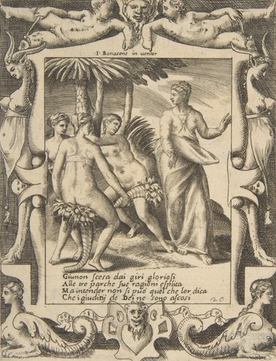 Juno à direita virando e falando com as Parcas, ambientado em uma moldura elaborada, de..., 1531-76. de Giulio Bonasone