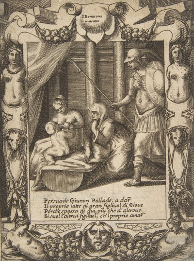 Juno convence Atena a amamentar o jovem Hércules, colocado dentro de uma moldura elaborada, de..., 1531-76. de Giulio Bonasone