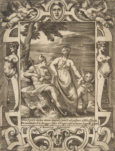 Júpiter à esquerda na forma de um pastor acompanhado por Mnemósine, colocado dentro de um elabo..., 1531-76. de Giulio Bonasone