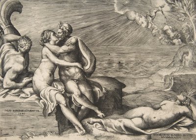 O amor de Júpiter por Juno reacendeu quando ela colocou o Cinturão de Vênus, 1546. de Giulio Bonasone