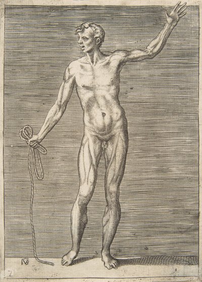 Homem visto de frente, segurando uma corda na mão direita, século XVI. de Giulio Bonasone
