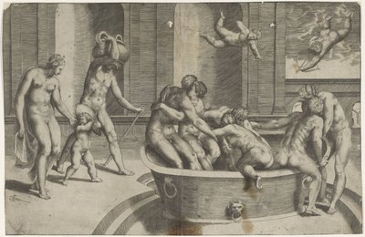 Homens e mulheres em grandes banheiras de Giulio Bonasone