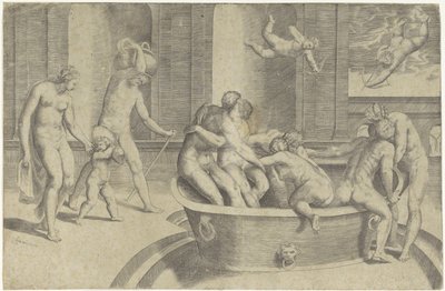 Homens e mulheres na banheira grande de Giulio Bonasone