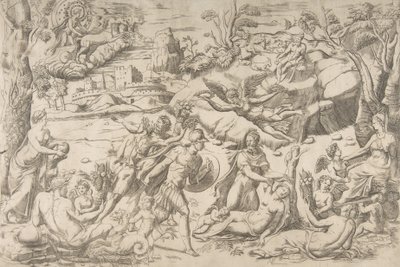Marte e Rhea Silvia: no centro Marte segura um escudo e uma espada, Rhea Silvia dorme..., ca 1531-76. de Giulio Bonasone