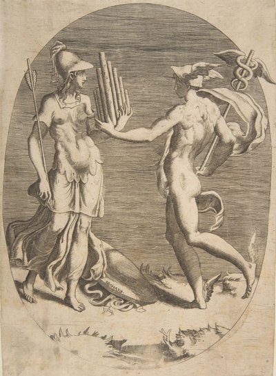 Mercúrio apresentando uma gaita de pã para Minerva que está à esquerda, uma composição oval, 1531-76. de Giulio Bonasone