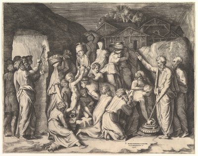 Moisés Dizendo aos Israelitas para Reunirem o Maná e Moisés Golpeando a Rocha. de Giulio Bonasone